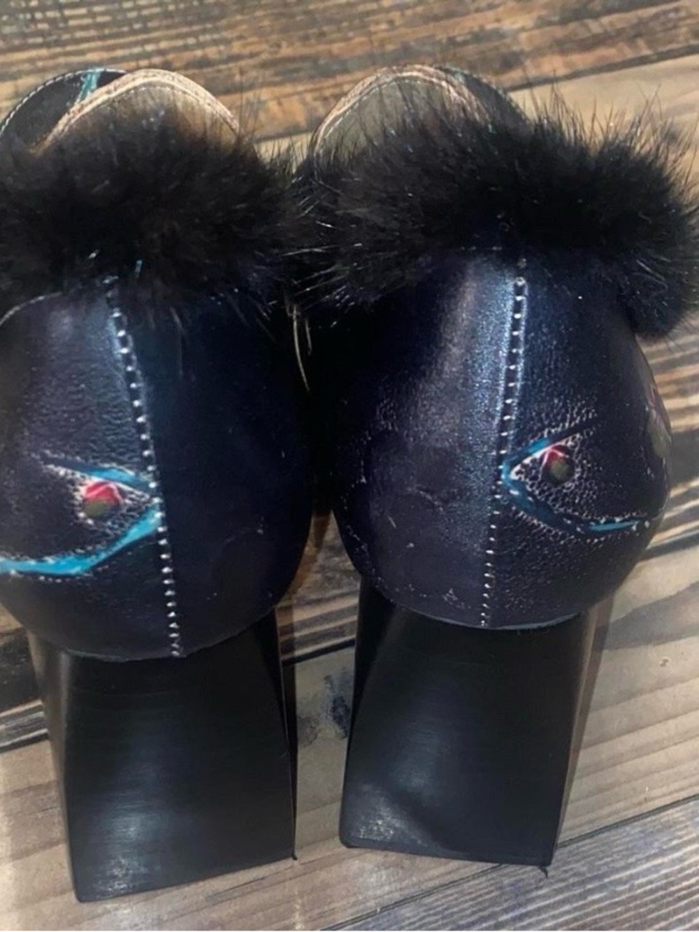 NWOT Artsy black leather Faux Fur Trim Women's Chunky Heel Loafers - Picture 4 of 5